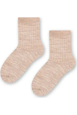 Steven Béžové žebrované ponožky z merino vlny pro děti Art.130 MC024, LIGHT BEIHE MELANGE - RIBBED PRESSURE-FREE