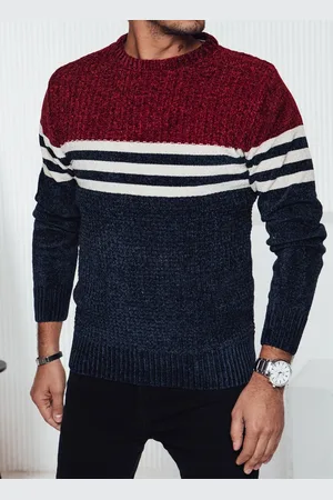 Basics from Amsterdam Vínovo-modrý pánský teplý svetr s bílými pruhy WX2229
