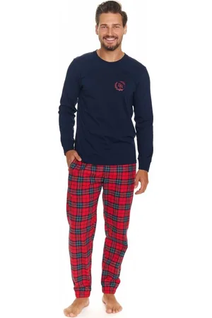 Doctor Nap Tmavě modré pánské pyžamo s károvanými kalhotami PMB.7128.NAVY_BLUE navy