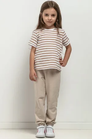 Tessita Dívčí pruhované tričko s krátkým rukávem máma a dcera bílo-béžové MMD42 - white-beige stripes Rozmiar: 104