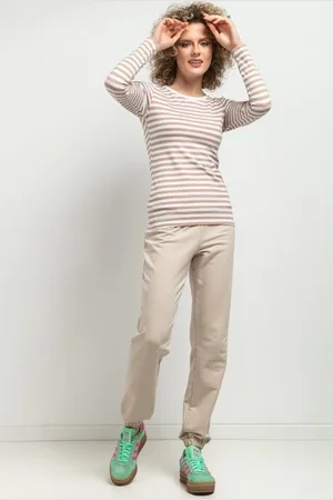Tessita Dámské pruhované bílo-béžové tričko s dlouhým rukávem máma a dcera MMM44 - white-beige stripes Rozmiar: 3XL