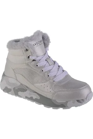 Skechers Stříbrné dívčí kotníkové zimní boty Uno Lite - Camo Dazzle 310485L-SLGY