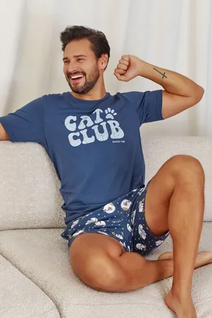 Doctor Nap Modré pánské pyžamo s kočkami CAT CLUB