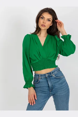 Italy Moda Zelená crop top halenka s elastickým řasením DHJ-BZ-13866.92P-green