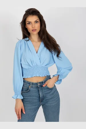 Italy Moda Světle modrá crop top halenka s elastickým řasením DHJ-BZ-13866.92P-light blue