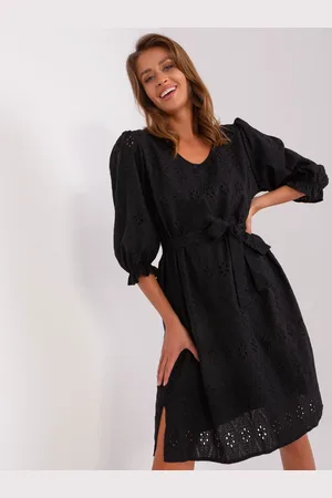 Basics from Amsterdam Černé vzorované šaty s páskem a balónovými rukávy -LK-SK-509382.73P-černé