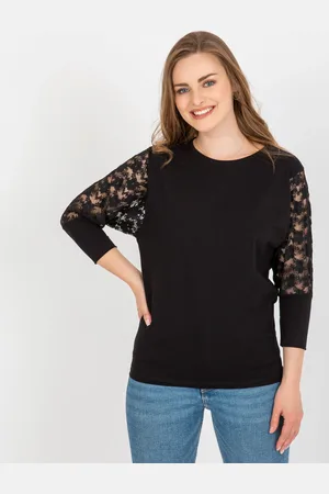 RUE PARIS Černá halenka s krajkovými rukávy RV-BZ-7551-1.51-black