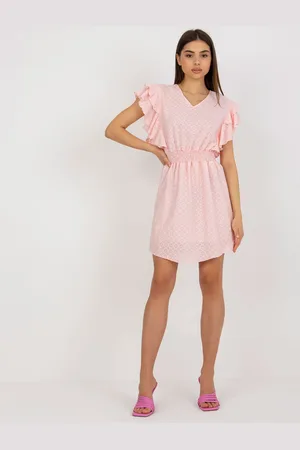Basics from Amsterdam Světle růžové dámské bavlněné mini šaty s volány -light pink