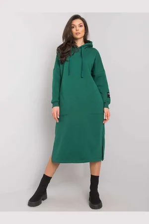 RUE PARIS Tmavě zelené dámské dlouhé mikinové šaty s kapucí RV-SK-7359.25X-dark green