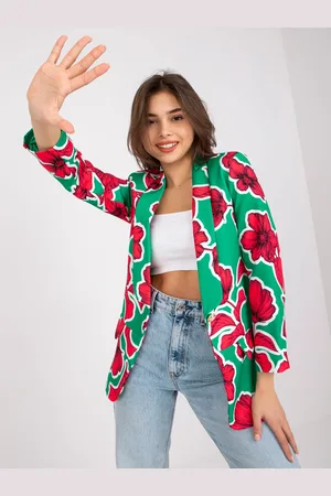 Italy Moda Zeleno-červené sako Neonila s květinami DHJ-MA-15621-2.25X