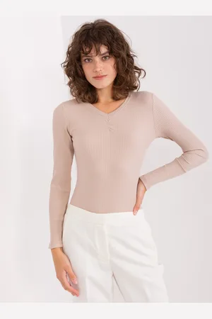 BASIC FEEL GOOD Béžové žebrované tričko s výstřihem RV-BZ-9210.73-beige