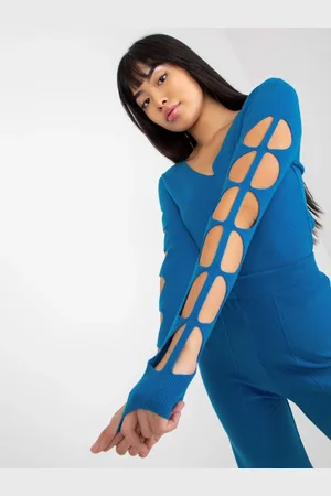 COCO ANGELO Modrý svetr s perforovanými rukávy -VI-SW-20253.29-blue