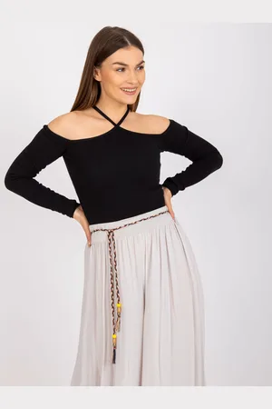 RUE PARIS Černá žebrovaná halenka s dlouhým rukávem -RV-BZ-7680.98-black