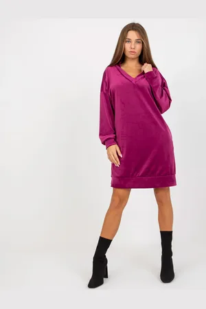 RUE PARIS Fuchsiové volné velurové šaty s kapsami -RP-TU-8189.95-fuchsia pink