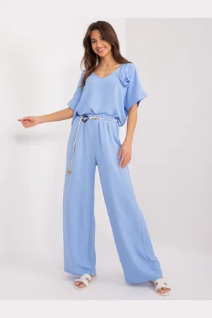 Italy Moda Světle modré rovné kalhoty s vysokým pasem DHJ-SP-8927.19-light blue