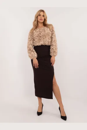 Italy Moda Tmavě hnědá midi žebrovaná sukně s rozparkem MI-SD-20730.69-dark brown