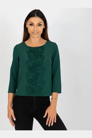 Basics from Amsterdam Tmavě zelená halenka s krajkovou aplikací a 3/4 rukávem LK-BZ-506522.07-dark green