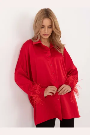 Italy Moda Červená dámská oversize košile s peřím na rukávech DHJ-KS-16879.37-red