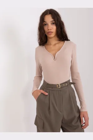 BASIC FEEL GOOD Béžové žebrované tričko s výstřihem -RV-BZ-9206.20-beige