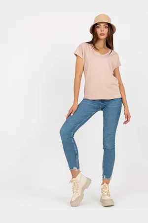 BASIC FEEL GOOD Béžové tričko s výstřihem do V -B-014.43-beige