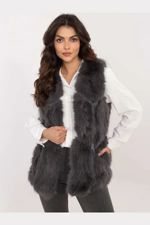 Italy Moda Tmavě šedá dámská kožíšková vesta s kapsami AT-KZ-2375.00P-dark grey