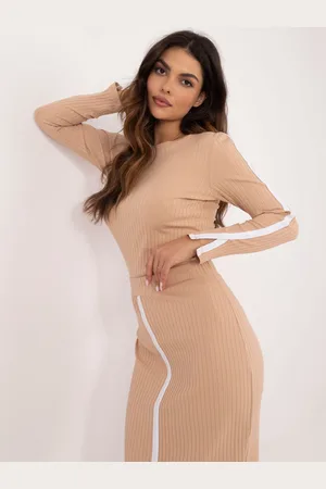 RELEVANCE Béžový žebrovaný dámský set se sukní RV-KMPL-A-182.01X-beige