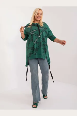 RELEVANCE Tmavě zelená mikinová tunika s potiskem a 3/4 rukávem RV-TU-7598.94-dark green