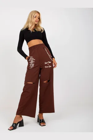 Fancy Tmavě hnědé zvonové tepláky s nápisy -FA-DR-7855.52-dark brown
