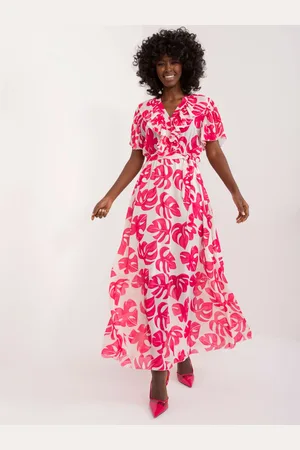 Italy Moda Tmavě růžové vzorované maxi šaty s páskem DHJ-SK-15986.67-dark pink