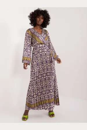 Italy Moda Tmavě fialové vzorované maxi šaty s páskem DHJ-SK-16656.13X-dark viollet