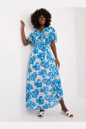 Italy Moda Modré vzorované maxi šaty s páskem DHJ-SK-15986.67-blue