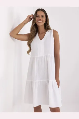 Sublevel Bílé dámské mušelínové šaty s výstřihem do V D70032M30386A4-white