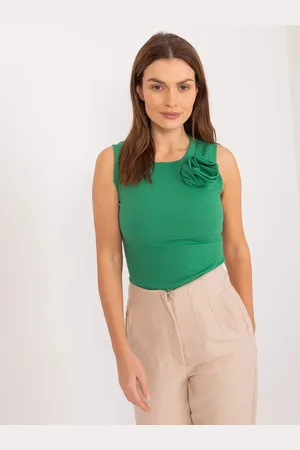 Italy Moda Zelený žebrovaný top s květinou DHJ-TP-17733.22X-dark green