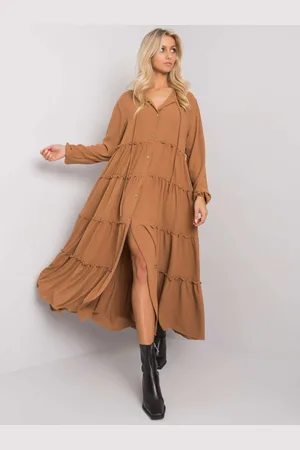 RUE PARIS Světle hnědé maxi šaty s řasením -camel