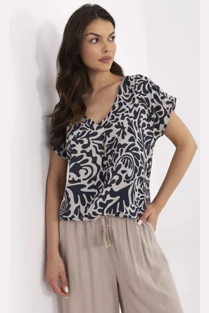 Sublevel Béžovo-modrá dámská vzorovaná letní halenka z viskózy D73771M11171B-navy blue
