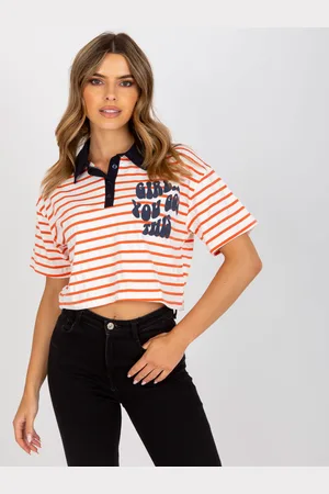 Fancy Bílo-oranžový pruhovaný crop top s límečkem -FA-BZ-7785.91P-orange