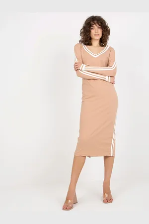 Fancy Světle hnědé midi šaty s výstřihem do V FA-SK-8297.18P-camel
