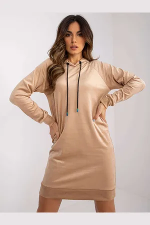 Fancy Béžové velurové mikinové šaty s kapucí FA-SK-7495.17P-beige