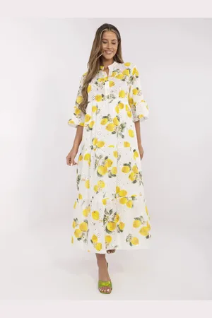 Italy Moda Smetanové dámské maxi šaty s citróny MI-SK-260.73P-ecru