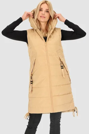 Perso Dlouhá béžová zateplená dámská vesta s kapucí BLH 235500 F - Beige