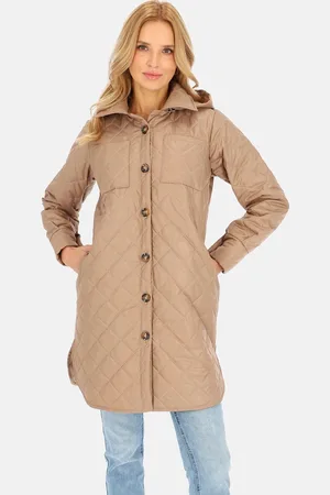 Perso Lehká béžová prošívaná dámská bunda s kapucí BLE 241045 F - Camel