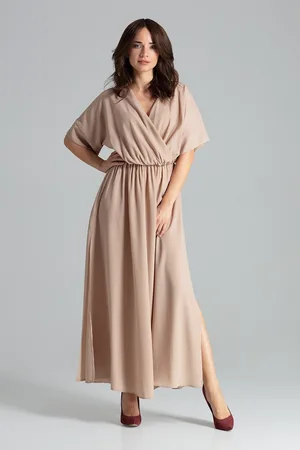LENITIF Dlouhé elegantní šaty L055 Beige