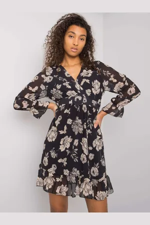 Italy Moda Černé šaty s béžovými květy Loriella DHJ-SK-12220-3.51P-flower print