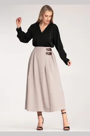 Figl Béžová dámská elegantní midi sukně s bočními pásky a přezkami M1156 Beige