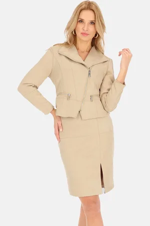 Perso Béžová dámská krátká bunda z umělého semiše BLE 241065 F - Beige