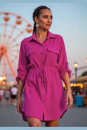 Figl Fuchsiové dámské košilové šaty s náprsními kapsami M1131 Fuchsia
