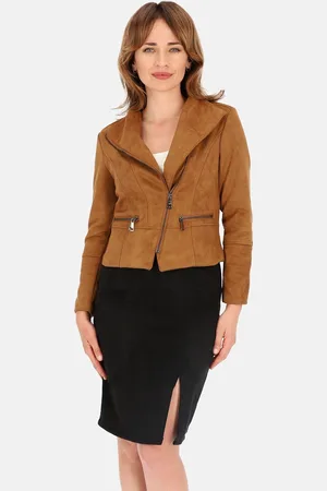 Perso Hnědá dámská krátká bunda z umělého semiše BLE 241065 F - Camel