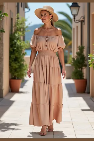 Figl Béžové letní maxi šaty s krátkými balónovými rukávy M1170 Beige