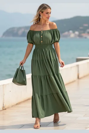 Figl Tmavě zelené letní maxi šaty s krátkými balónovými rukávy M1170 Green
