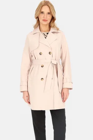 Perso Pastelově růžový dámský dvouřadý kabát s páskem BLE 252682 F Pastel pink